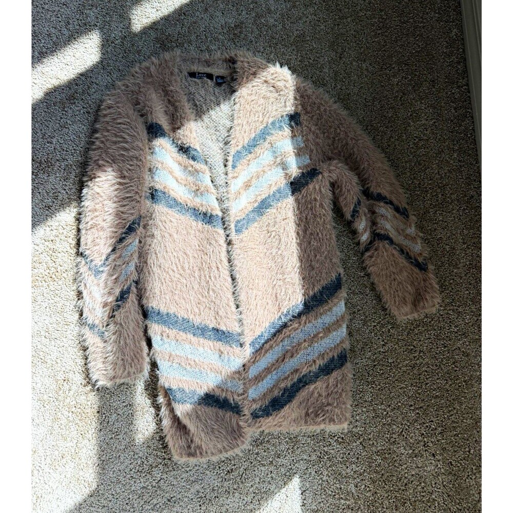 Love ever after Beige Striped Chunky-Knit Faux Fur V-Neck Pullover Sweater M